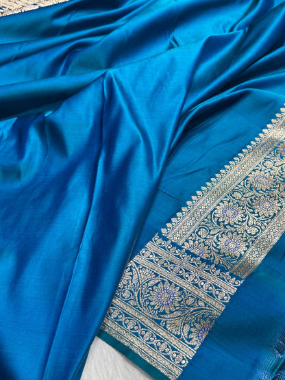 Navy Peacock Floral Booti Katan Silk Saree with strip blouse SK13