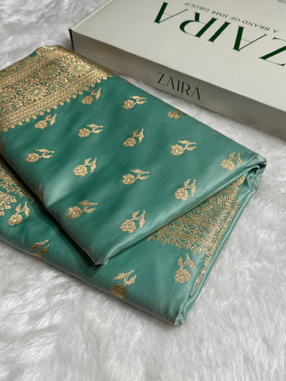 Sea Green Floral Booti Katan Silk Saree with strip blouse SK13