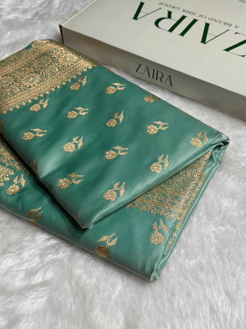 Sea Green Floral Booti Katan Silk Saree with strip blouse SK13