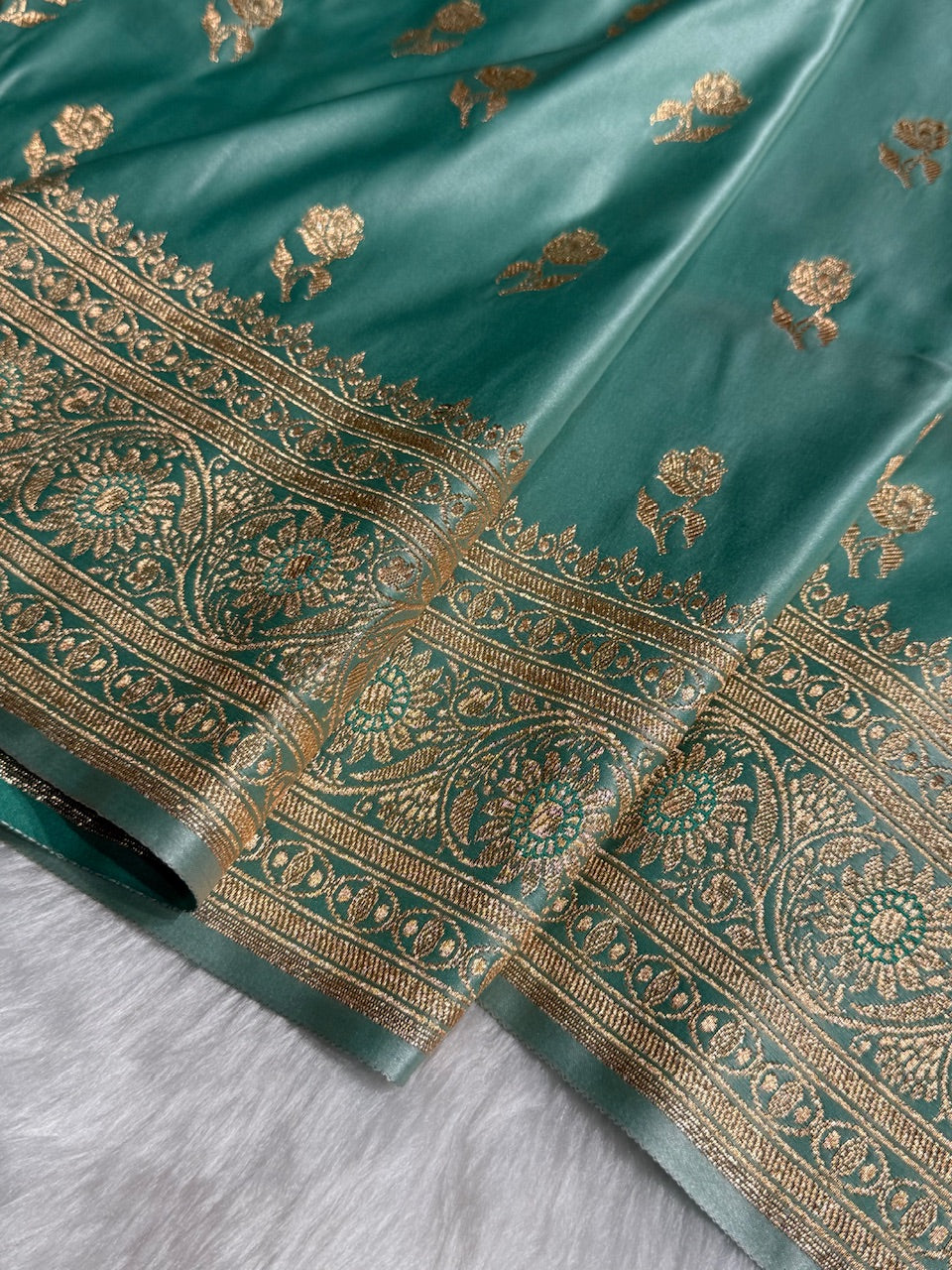 Sea Green Floral Booti Katan Silk Saree with strip blouse SK13