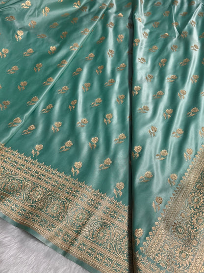 Sea Green Floral Booti Katan Silk Saree with strip blouse SK13