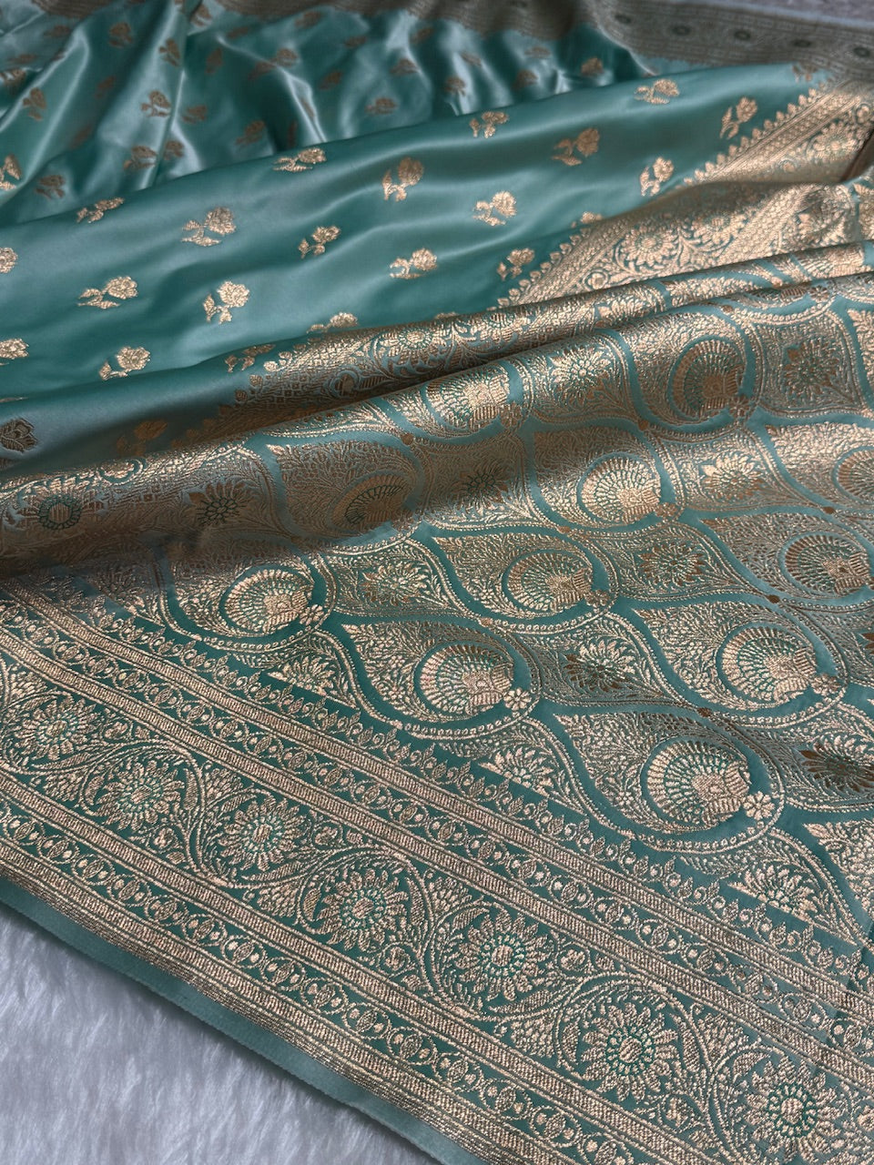 Sea Green Floral Booti Katan Silk Saree with strip blouse SK13