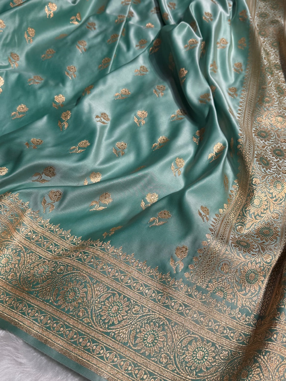 Sea Green Floral Booti Katan Silk Saree with strip blouse SK13