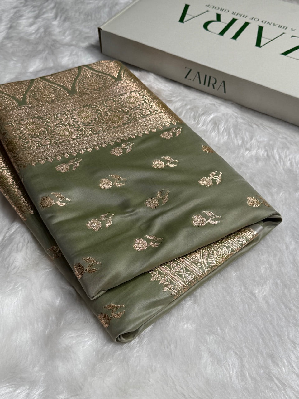 Light Mehandi Floral Booti Katan Silk Saree with strip blouse SK13
