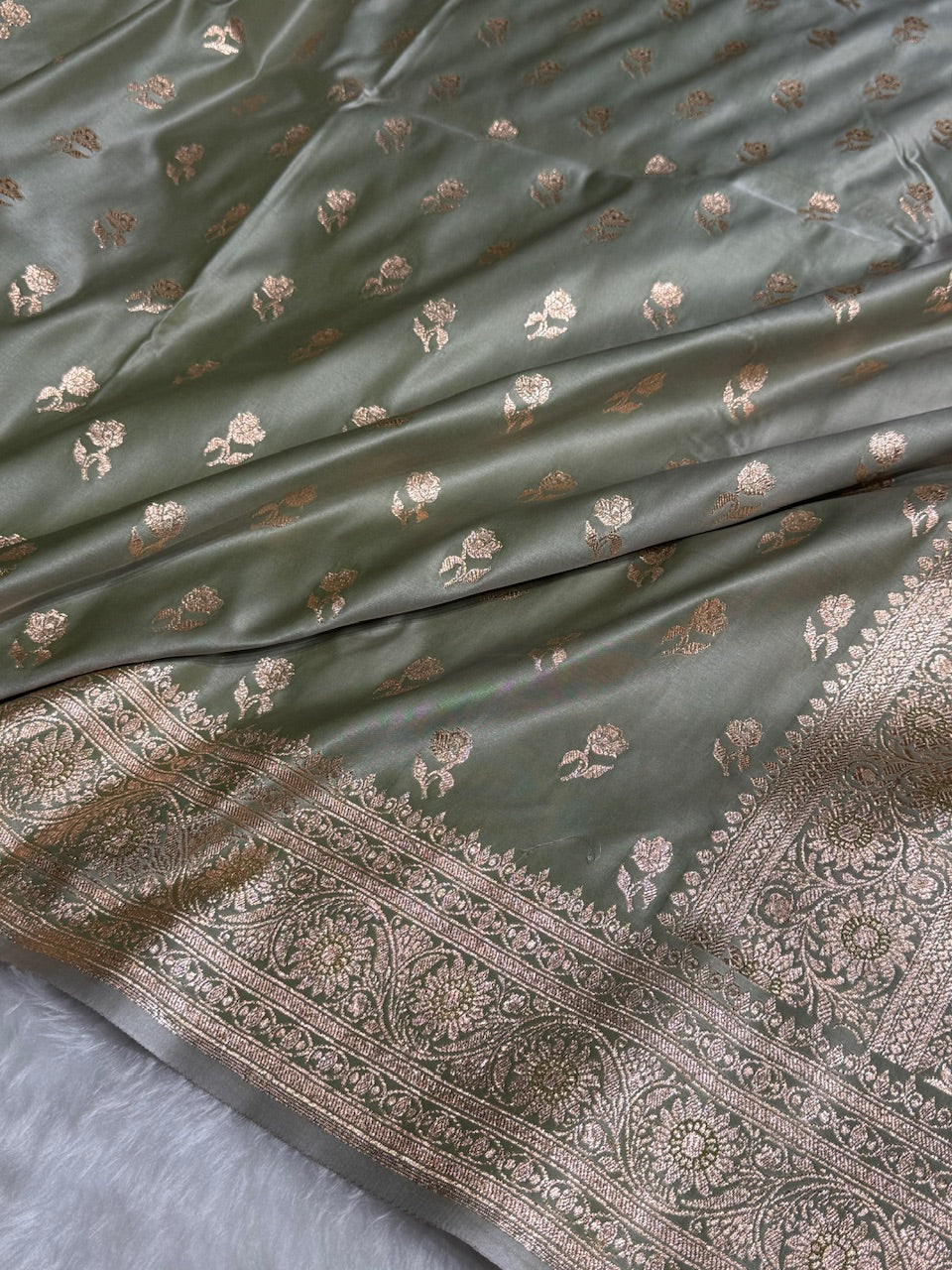 Light Mehandi Floral Booti Katan Silk Saree with strip blouse SK13