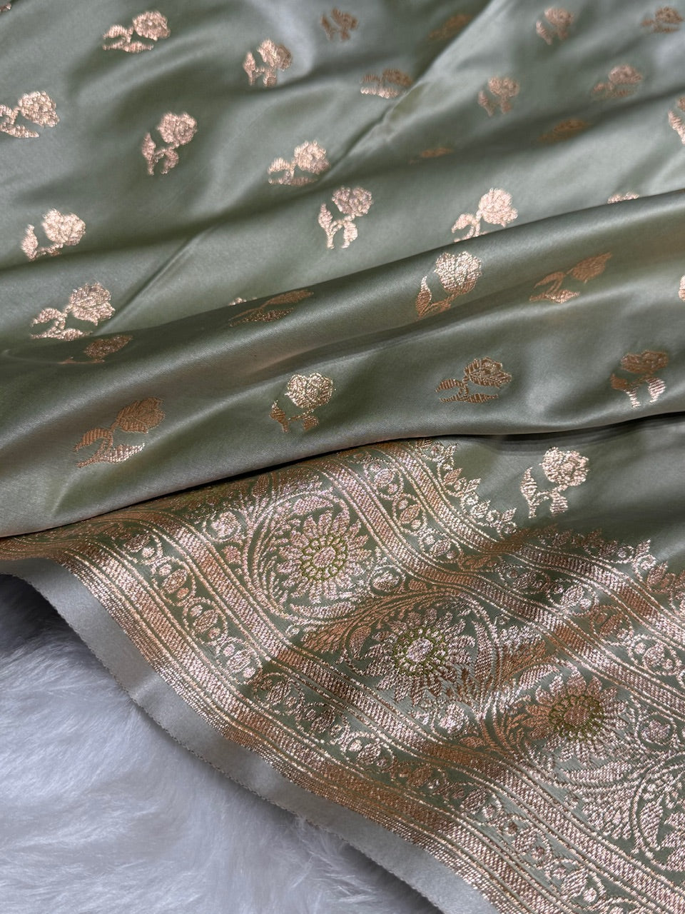 Light Mehandi Floral Booti Katan Silk Saree with strip blouse SK13