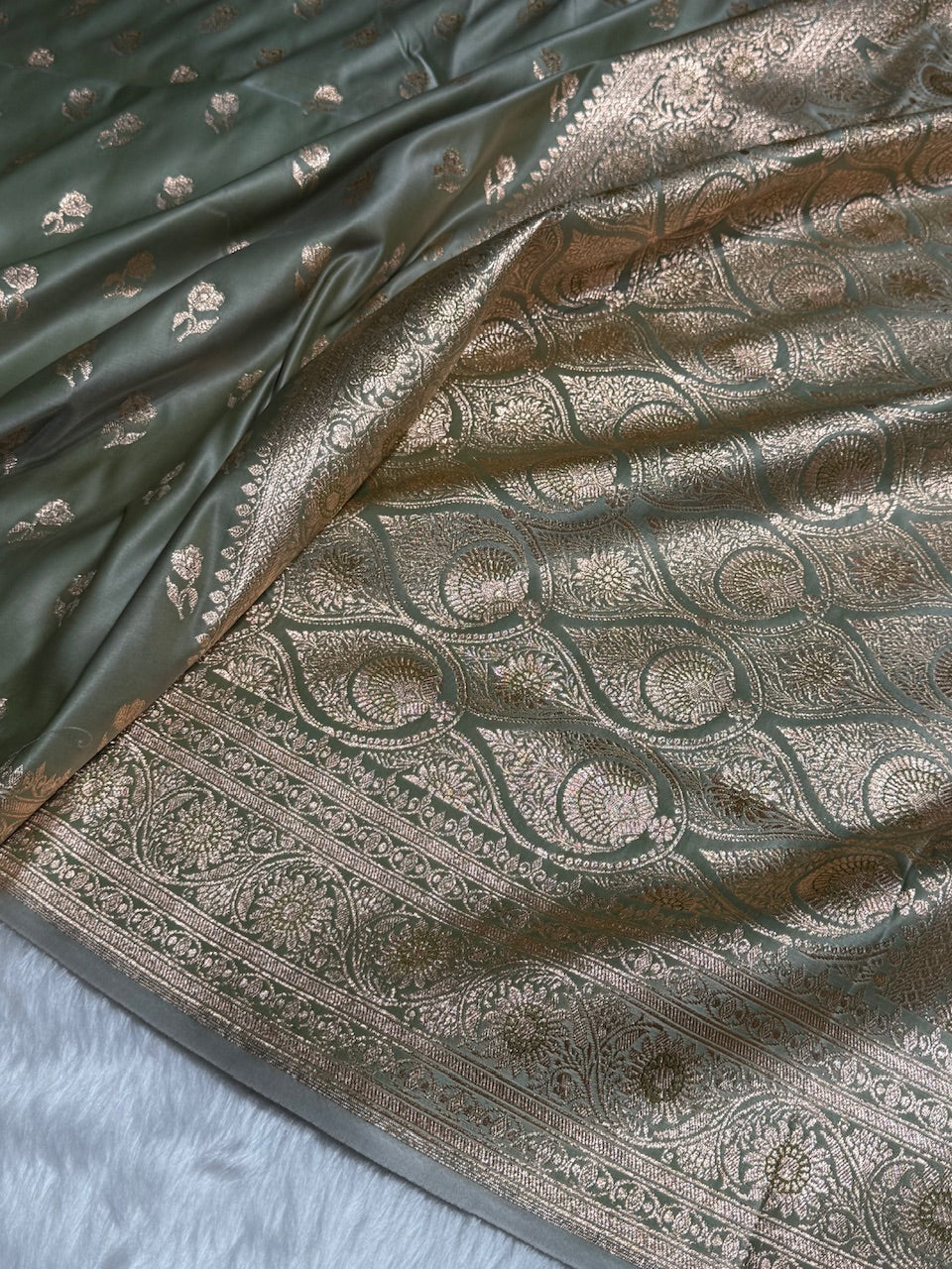 Light Mehandi Floral Booti Katan Silk Saree with strip blouse SK13