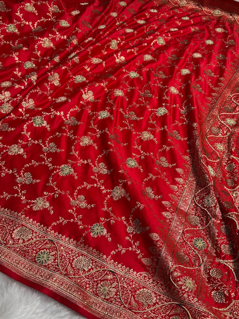 Bridal Red Banarasi Katan Silk Saree with Zardozi & Swarovski work