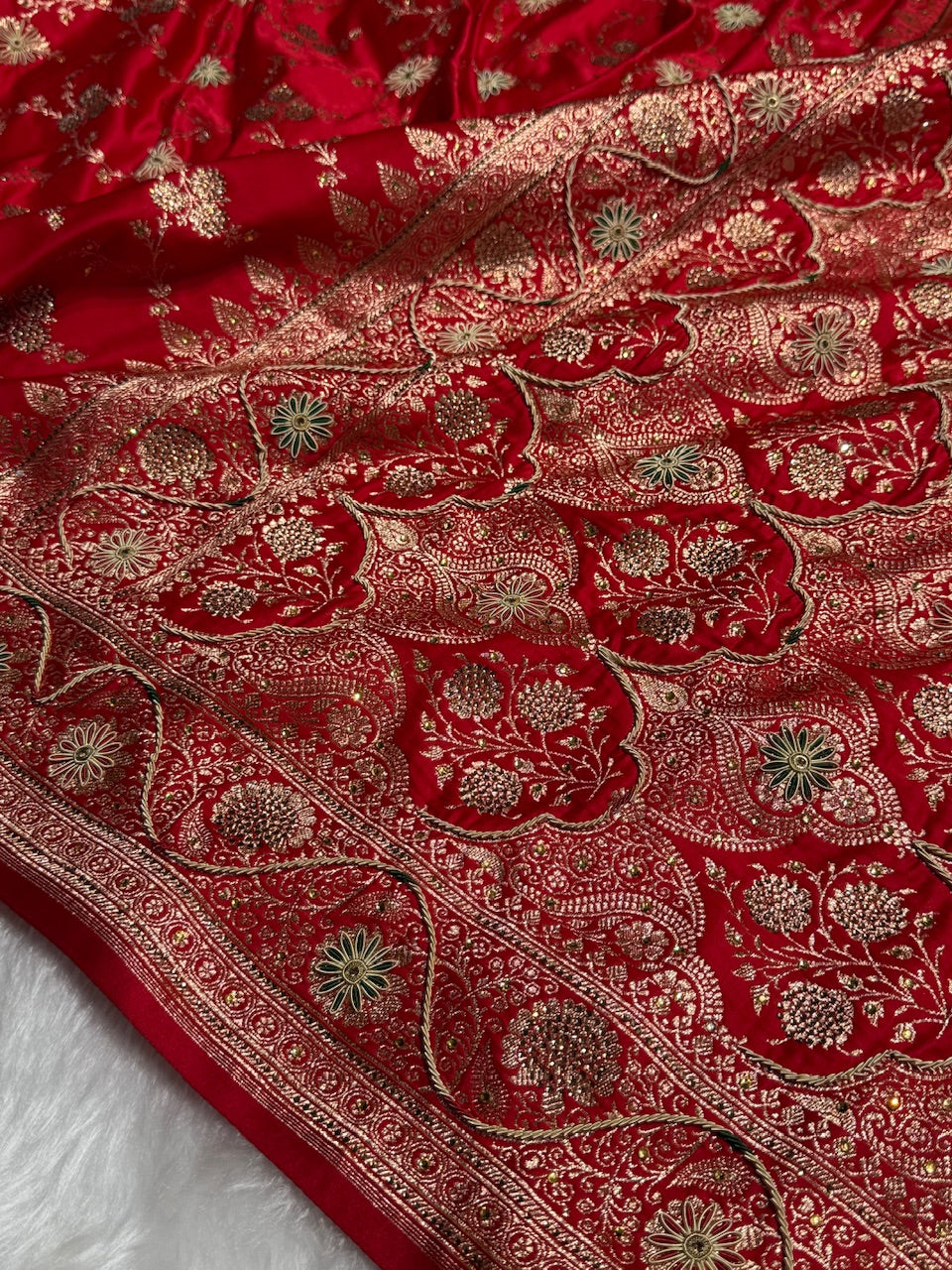 Bridal Red Banarasi Katan Silk Saree with Zardozi & Swarovski work