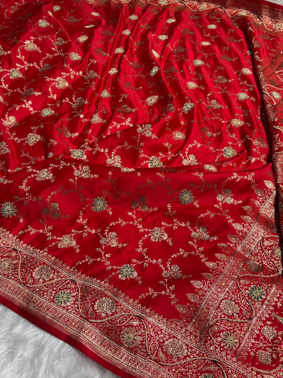 Bridal Red Banarasi Katan Silk Saree with Zardozi & Swarovski work