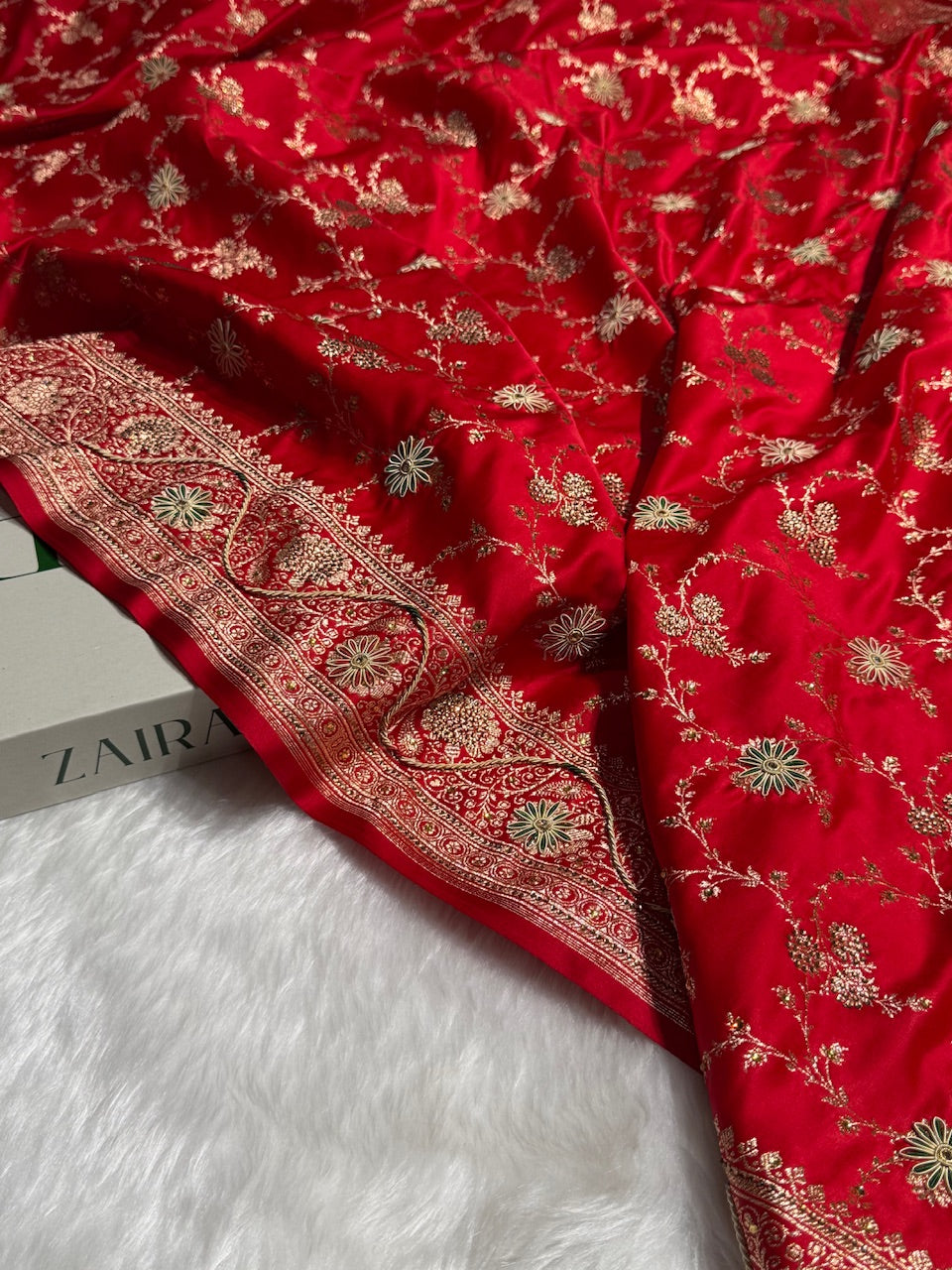 Bridal Red Banarasi Katan Silk Saree with Zardozi & Swarovski work