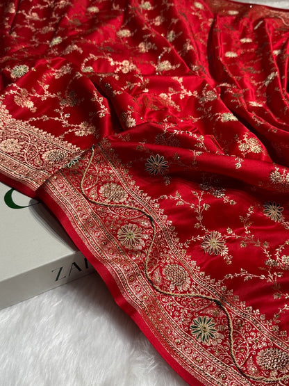 Bridal Red Banarasi Katan Silk Saree with Zardozi & Swarovski work