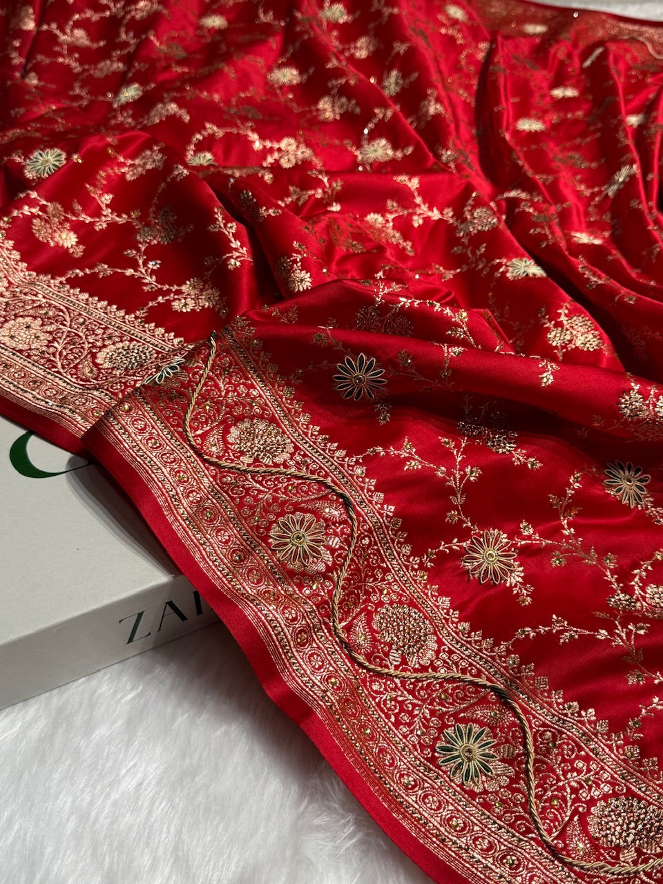 Bridal Red Banarasi Katan Silk Saree with Zardozi & Swarovski work