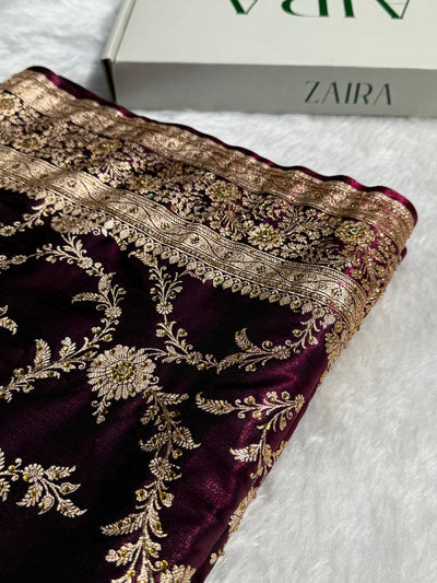Light Weight Wine Satin Silk Saree with Ari & Stone work BSS14