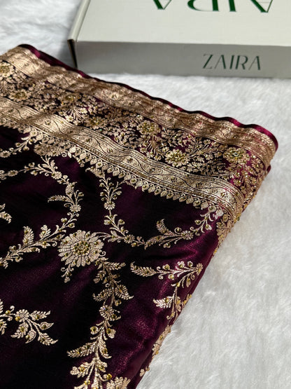Light Weight Wine Satin Silk Saree with Swarovski work BSS14