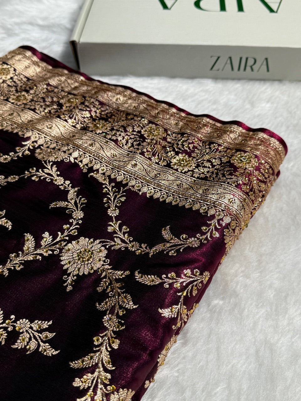 Light Weight Wine Satin Silk Saree with Swarovski work BSS14