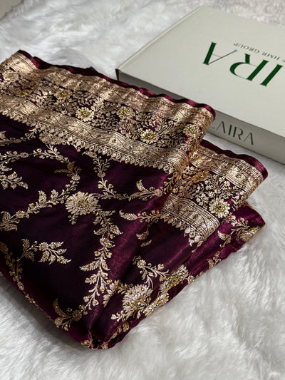 Light Weight Wine Satin Silk Saree with Ari & Stone work BSS14