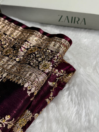 Light Weight Wine Satin Silk Saree with Ari & Stone work BSS14