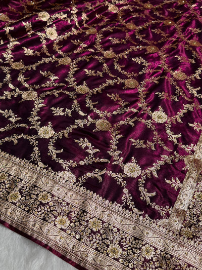 Light Weight Wine Satin Silk Saree with Ari & Stone work BSS14