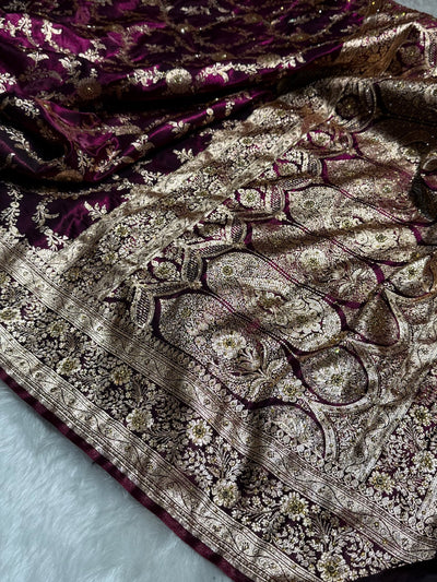Light Weight Wine Satin Silk Saree with Ari & Stone work BSS14