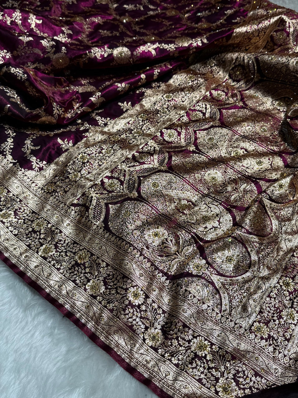 Light Weight Wine Satin Silk Saree with Swarovski work BSS14