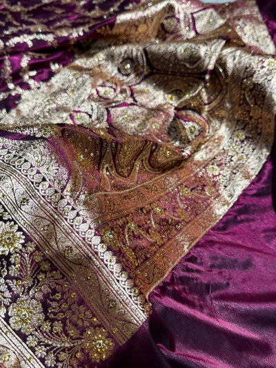 Light Weight Wine Satin Silk Saree with Ari & Stone work BSS14