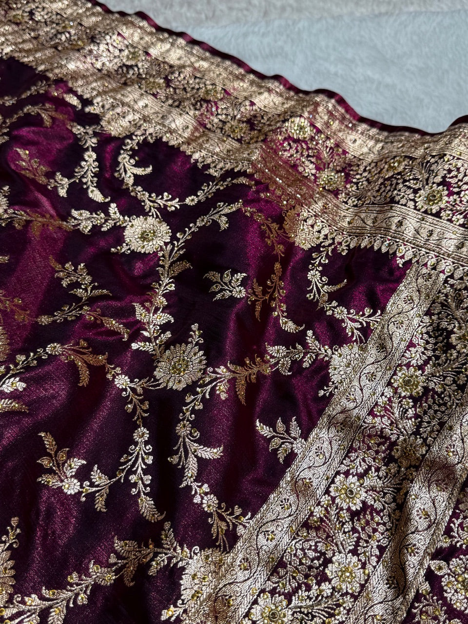 Light Weight Wine Satin Silk Saree with Swarovski work BSS14