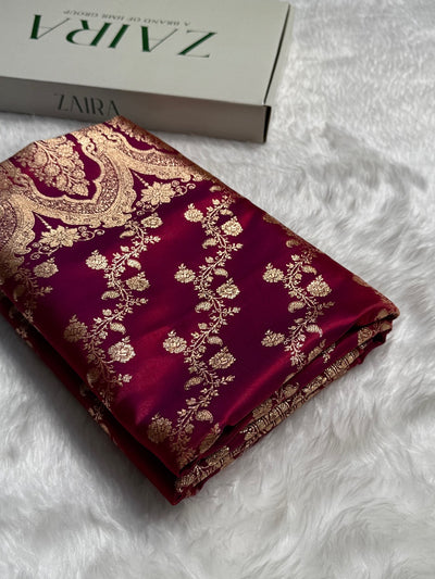 Banarasi Reddish Magenta Cross Jaal Satin Silk Saree SS11