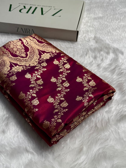 Banarasi Pinkish Purple Cross Jaal Satin Silk Saree SS11
