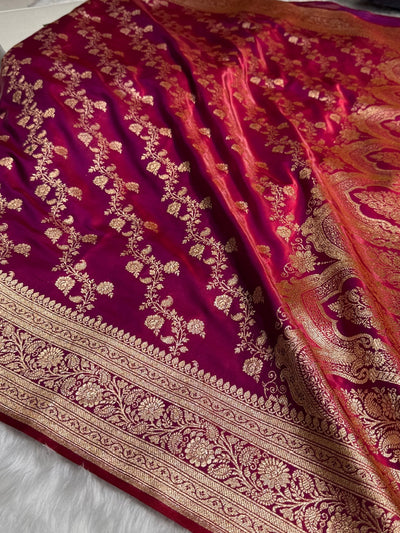 Banarasi Reddish Magenta Cross Jaal Satin Silk Saree SS11