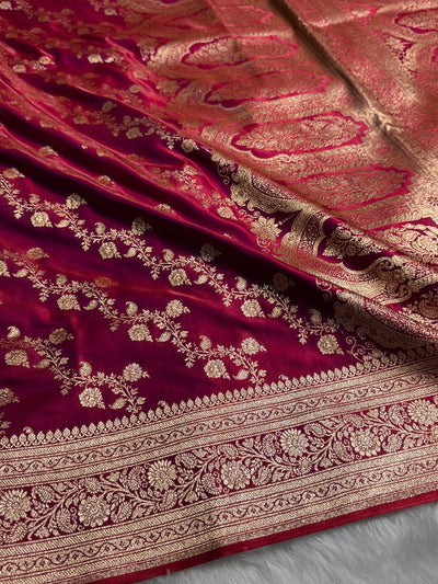 Banarasi Reddish Magenta Cross Jaal Satin Silk Saree SS11