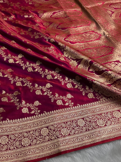 Banarasi Pinkish Purple Cross Jaal Satin Silk Saree SS11