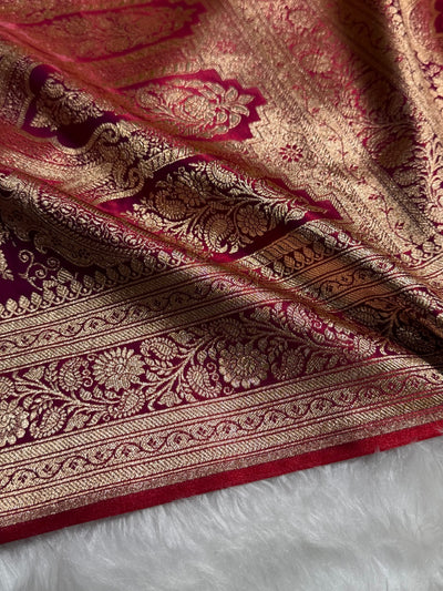 Banarasi Reddish Magenta Cross Jaal Satin Silk Saree SS11