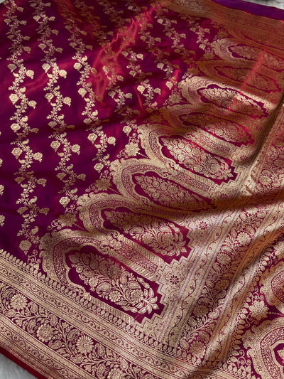 Banarasi Reddish Magenta Cross Jaal Satin Silk Saree SS11