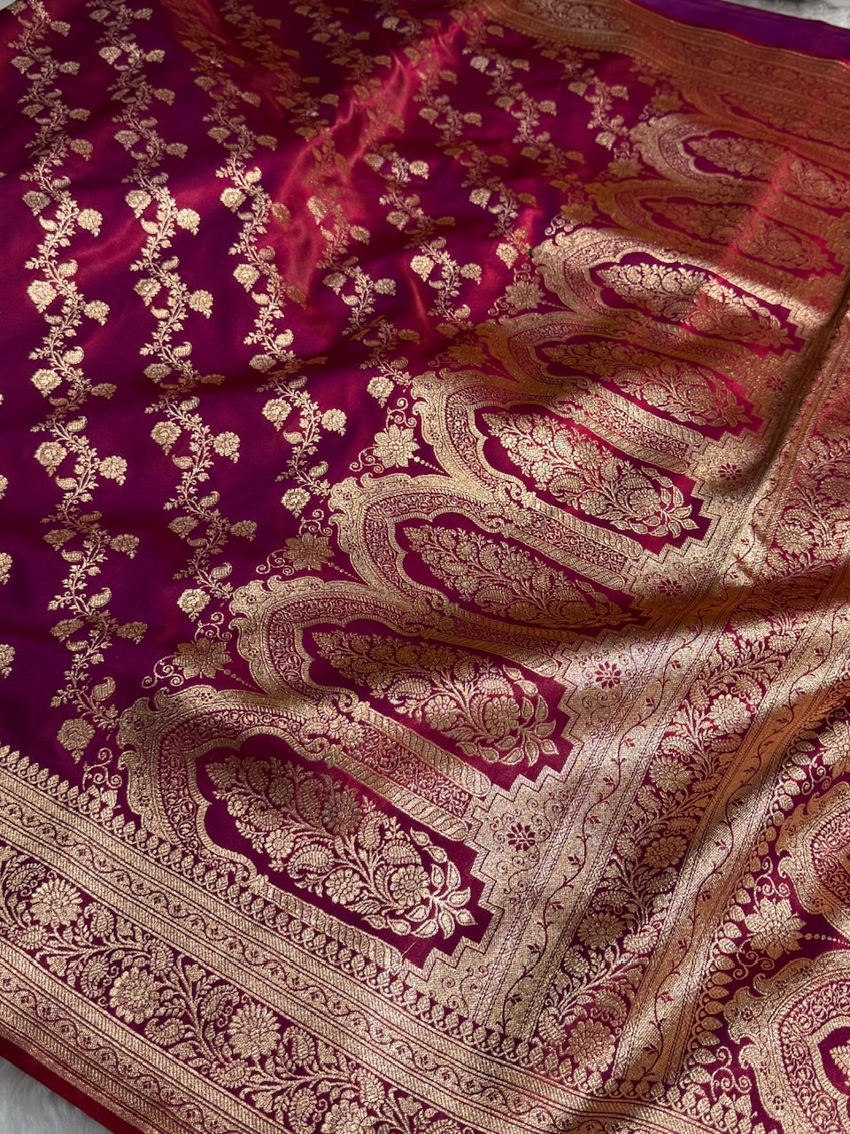 Banarasi Pinkish Purple Cross Jaal Satin Silk Saree SS11