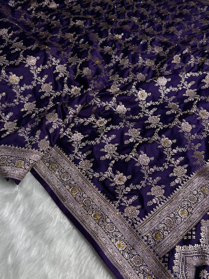 Bridal Purple Floral Jaal Mashru Silk Saree with Swarouvski Work