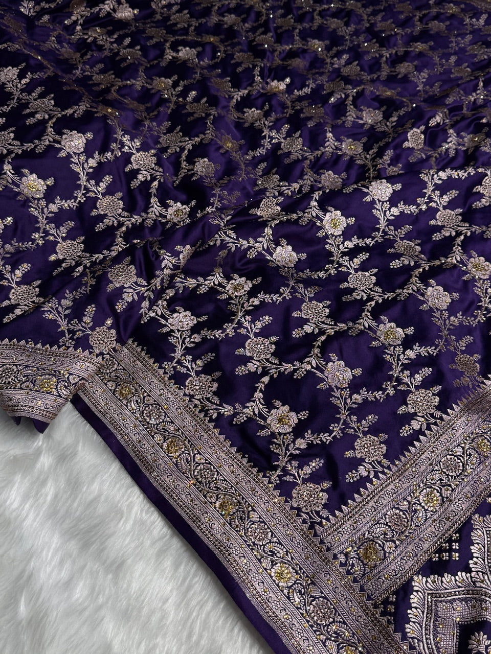 Bridal Purple Floral Jaal Mashru Silk Saree with Swarouvski Work