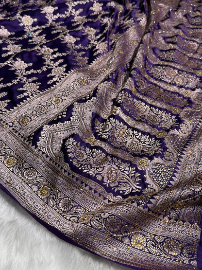 Bridal Purple Floral Jaal Mashru Silk Saree with Swarouvski Work