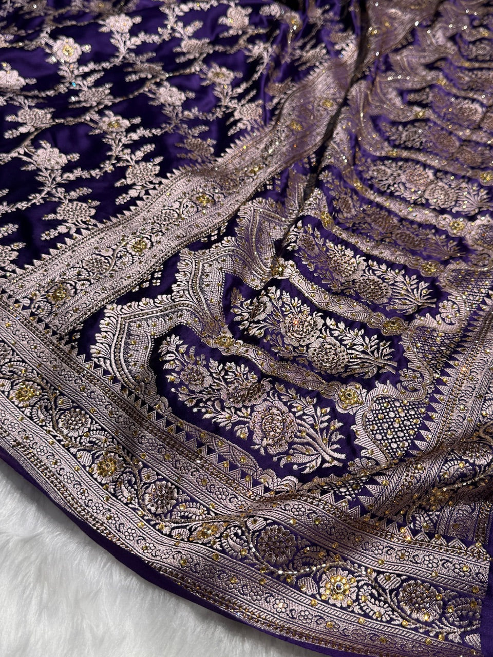 Bridal Purple Floral Jaal Mashru Silk Saree with Swarouvski Work