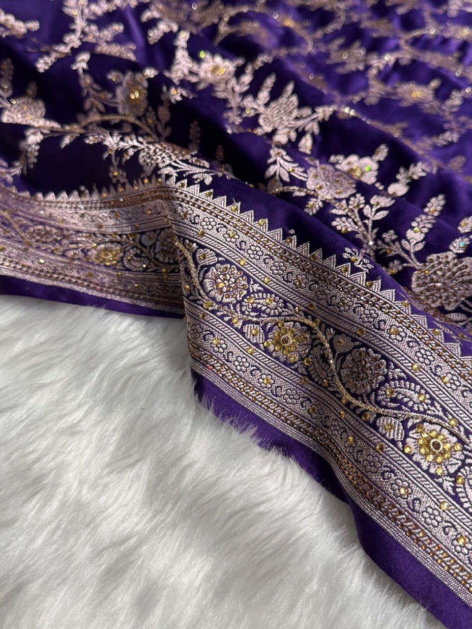 Bridal Purple Floral Jaal Mashru Silk Saree with Swarouvski Work