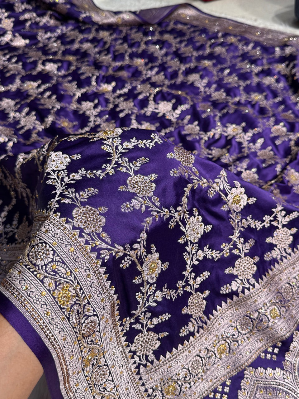 Bridal Purple Floral Jaal Mashru Silk Saree with Swarouvski Work