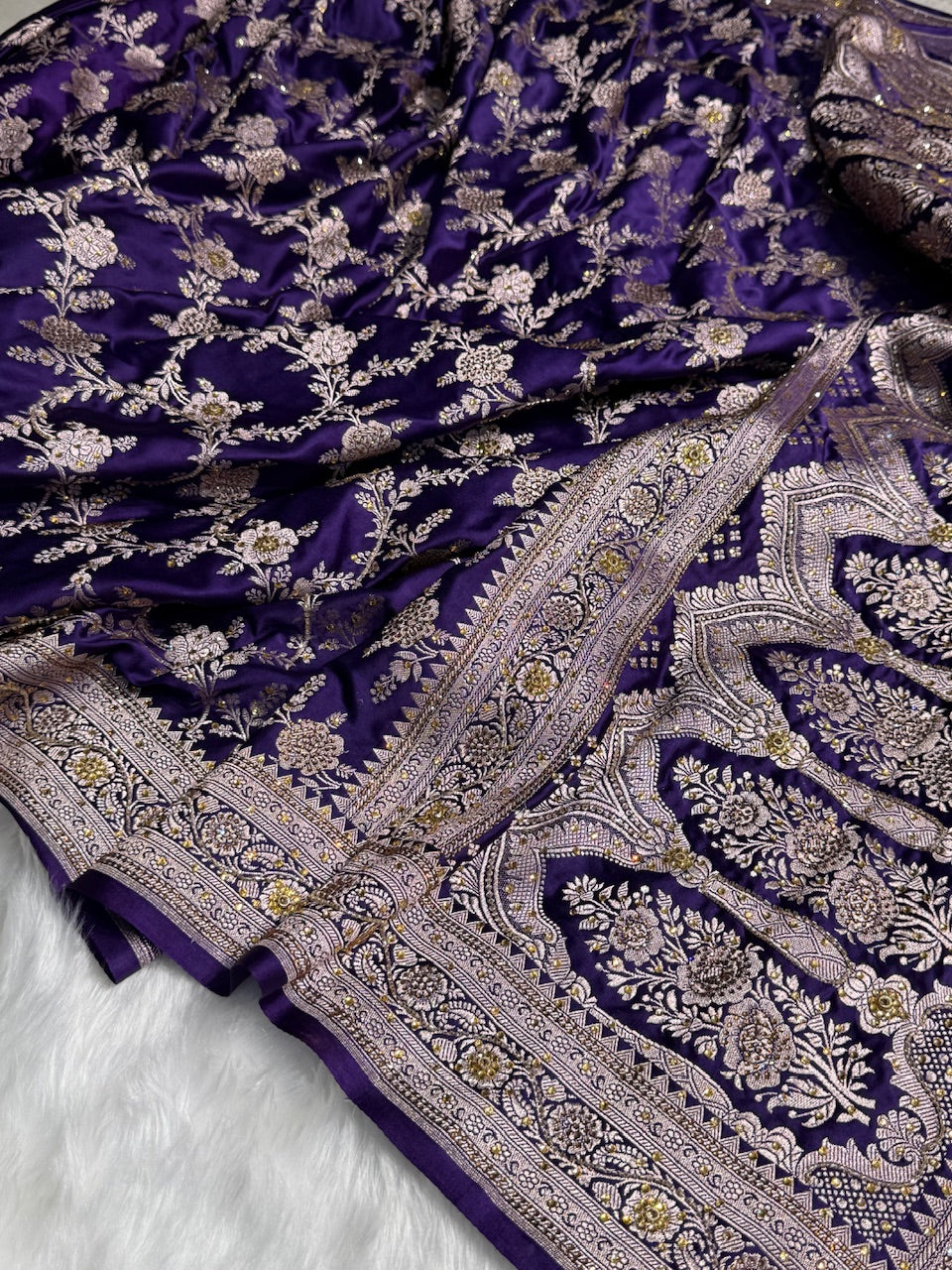 Bridal Purple Floral Jaal Mashru Silk Saree with Swarouvski Work