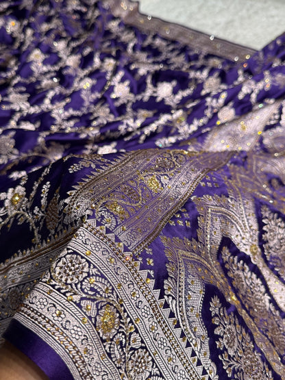 Bridal Purple Floral Jaal Mashru Silk Saree with Swarouvski Work