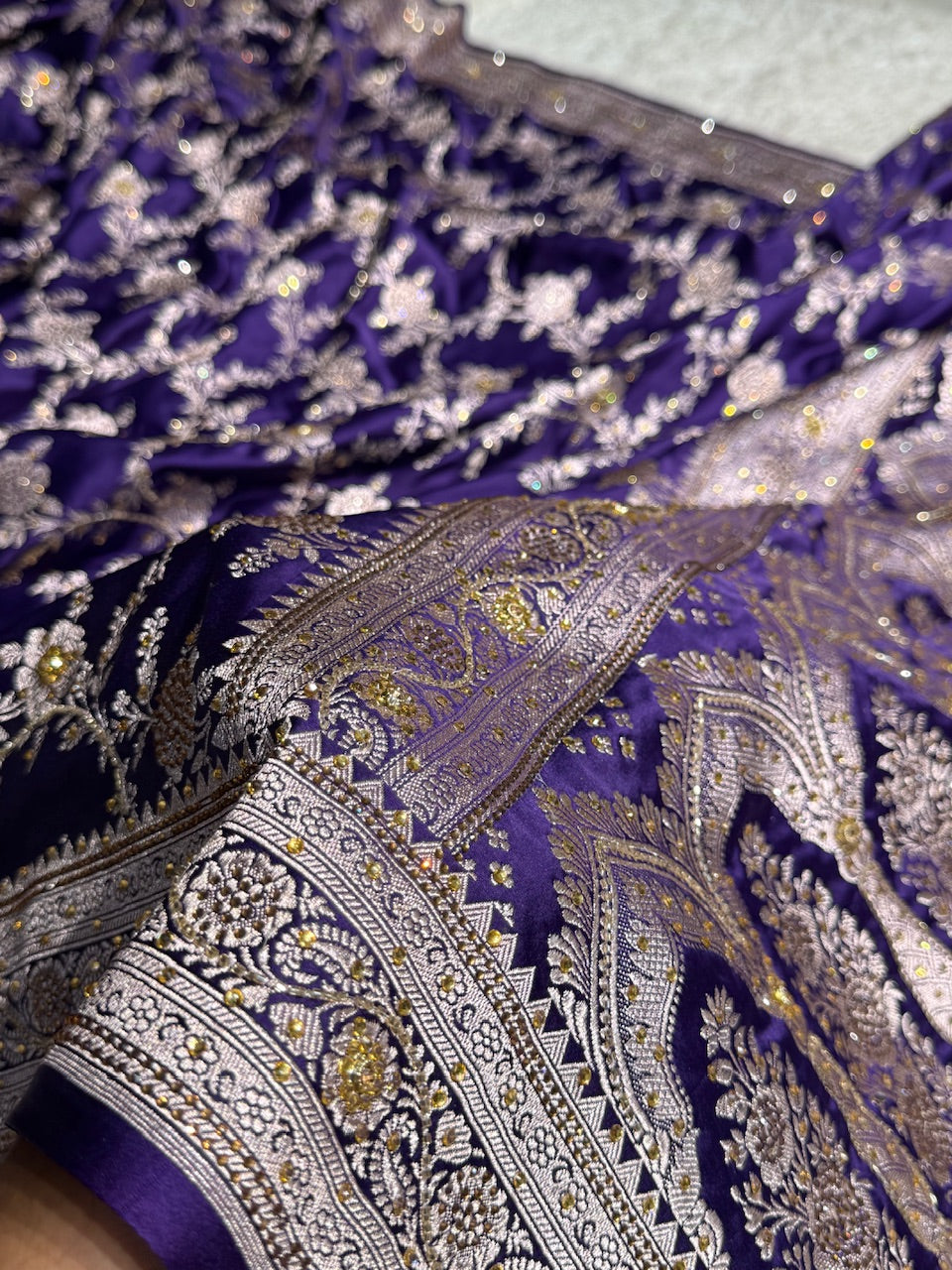 Bridal Purple Floral Jaal Mashru Silk Saree with Swarouvski Work