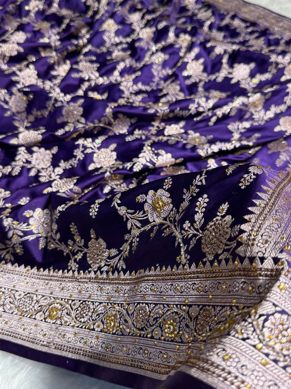 Bridal Purple Floral Jaal Mashru Silk Saree with Swarouvski Work