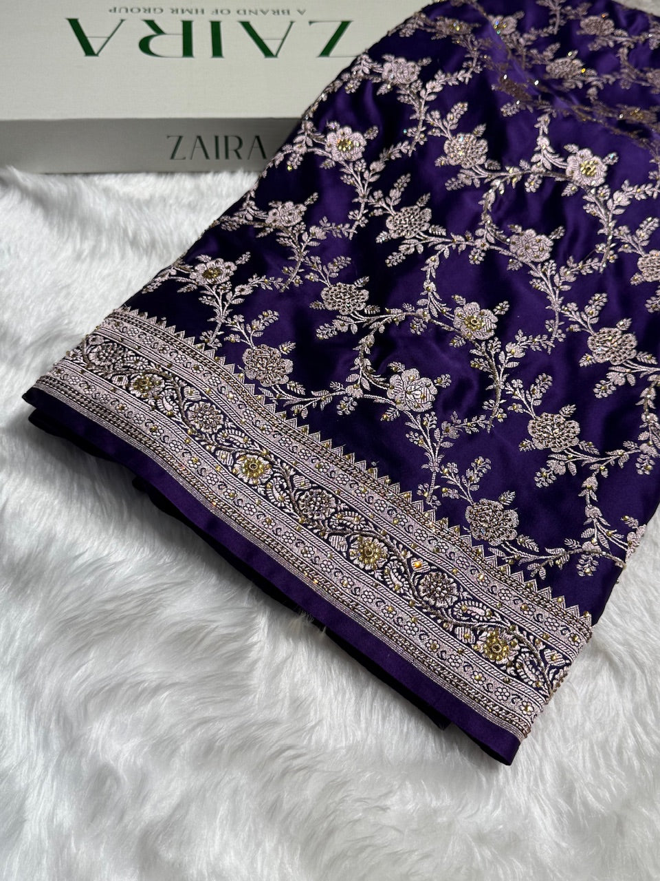 Bridal Purple Floral Jaal Mashru Silk Saree with Swarouvski Work