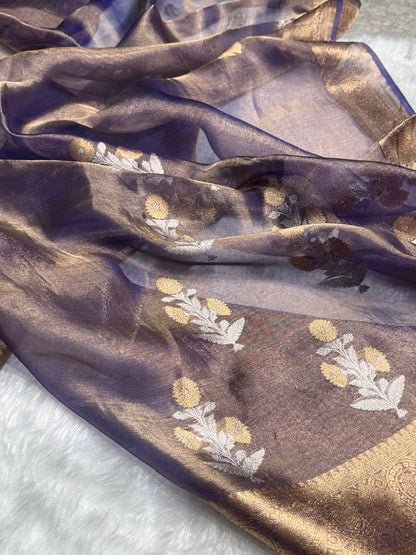 Royal Blue Floral Shades Pure Tissue Handloom Silk Saree PT-23