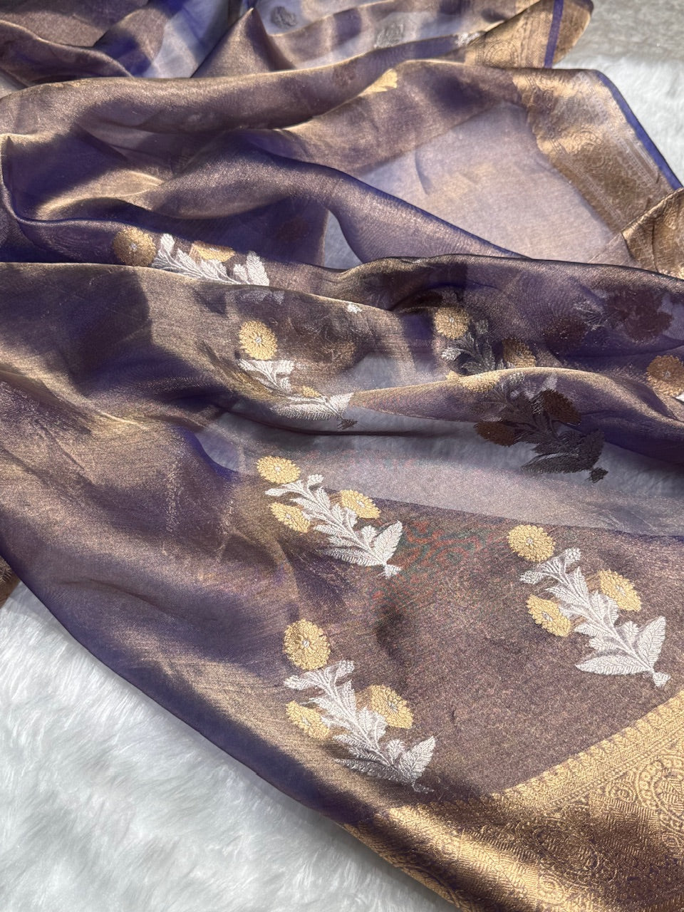 Royal Blue Floral Shades Pure Tissue Handloom Silk Saree PT-23