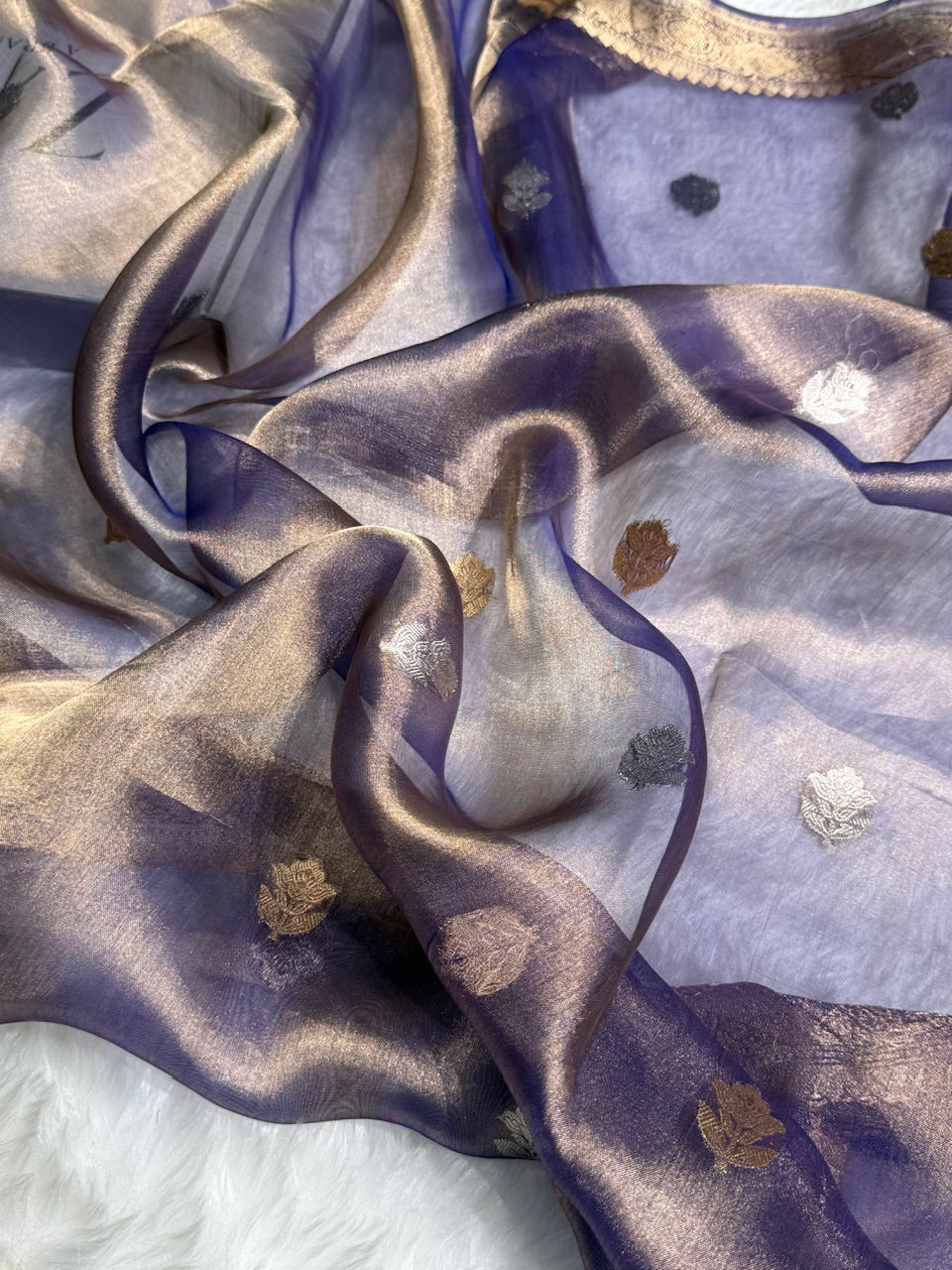 Royal Blue Floral Shades Pure Tissue Handloom Silk Saree PT-23
