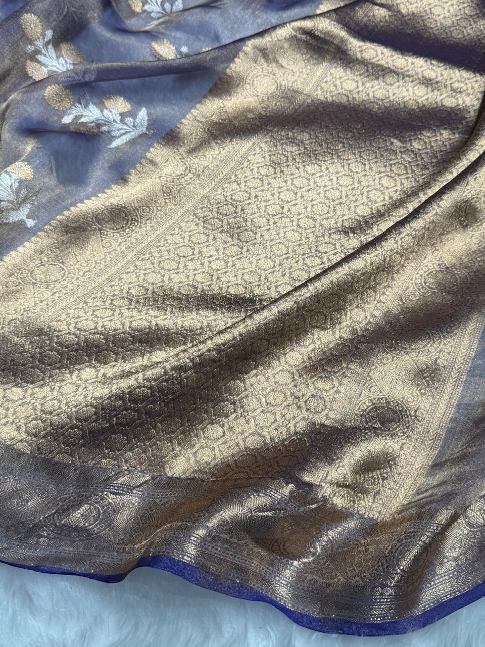 Royal Blue Floral Shades Pure Tissue Handloom Silk Saree PT-23